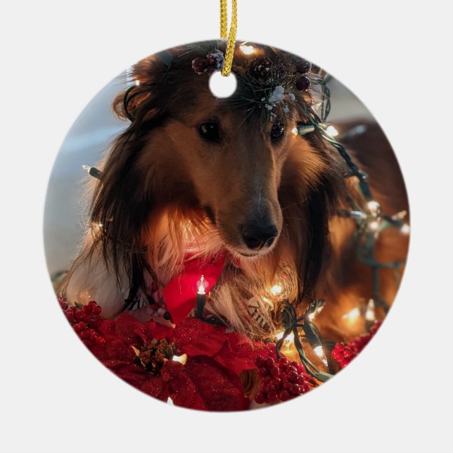 Holiday sheltie ceramic ornament  (Front)