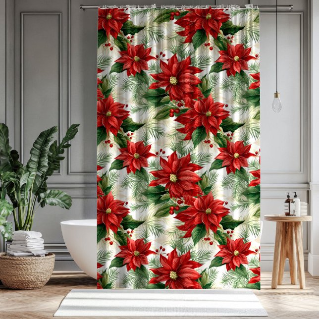 Holiday Shower Curtain Red Floral Festive Touch (Holiday Shower Curtain Red Floral Festive Touch)