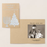 Holiday Silver Chrismukkah Merry Add Your Photo Foil Card<br><div class="desc">Personalise this silver foil Chrismukkah holiday card - just add your photo and names inside the card using the templates provided. The front reads MERRY HAPPY CHRISMUKKAH with a fun Hanukkah menorah and Christmas tree side by side. This blended family holiday greeting card is a beautiful way to create new...</div>