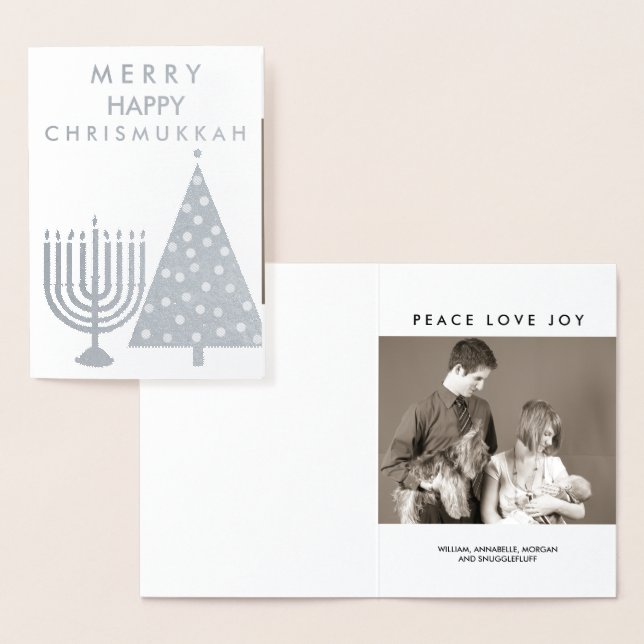 Holiday Silver Chrismukkah Merry Add Your Photo Foil Card (Display)