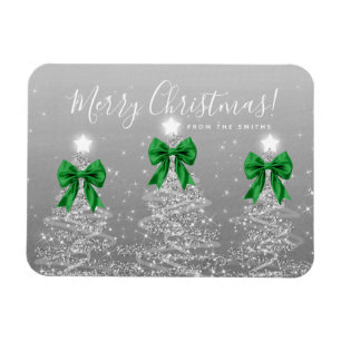 Holiday Silver Christmas Trees Greeting Green  Magnet
