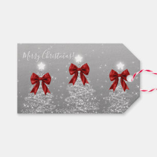 Holiday Silver Christmas Trees Red Bows Gift Tags