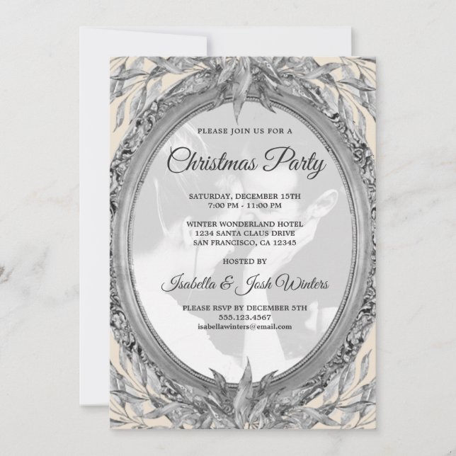 Holiday Silver Leaves Wreath Photo Christmas Party Invitation (Front)