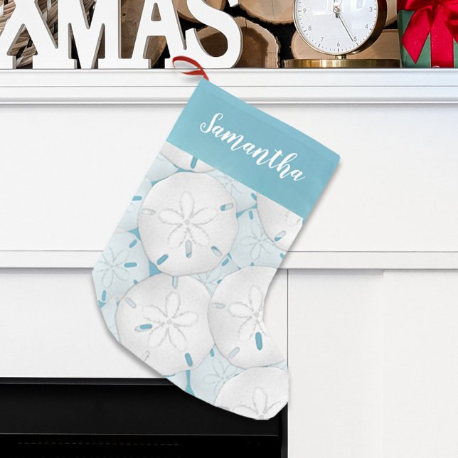 Holiday Simple Beach Tropical Sand Dollar  Small Christmas Stocking (Blue tropical beach sand dollar Holiday stocking. )