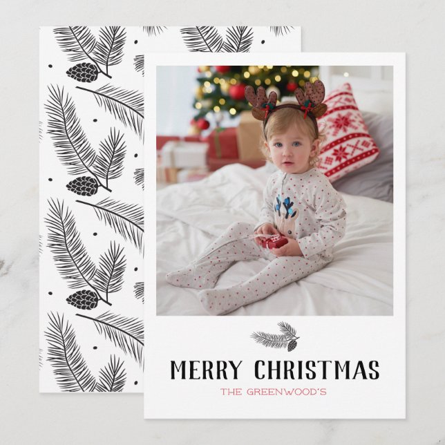 Holiday Simple Evergreen Branch Family Photo Card (Front/Back)