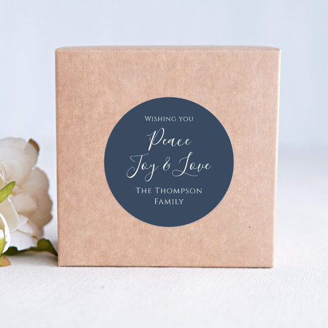 Holiday Simple Peace Joy Love Calligraphy Script  Classic Round Sticker (Simple Holiday Peace, Joy, and Love custom personalized gift label stickers.)