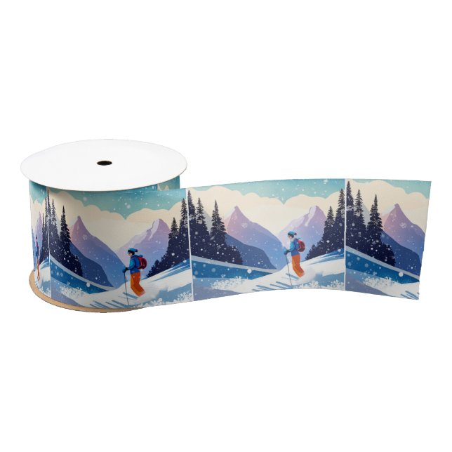 Holiday Skier On Mountain Satin Ribbon (Spool)
