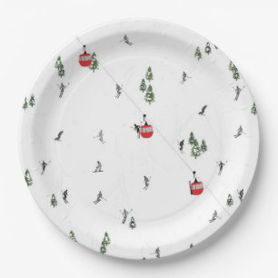 Holiday Skiing Red Ski Lift Illustration Paper Plate