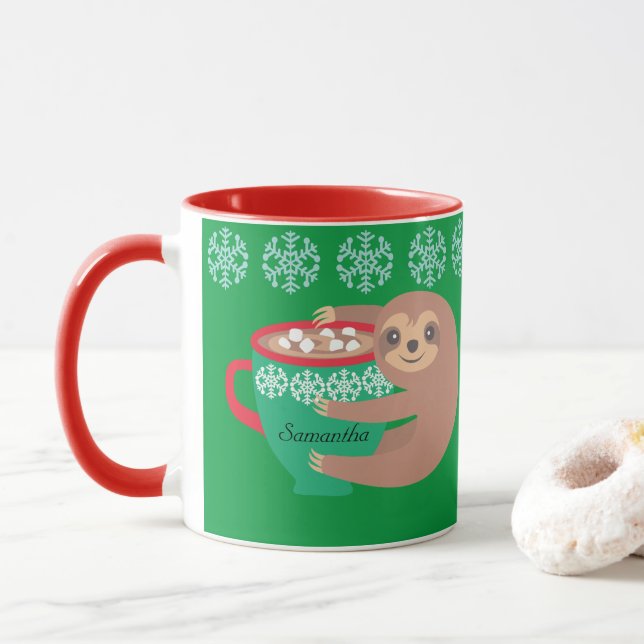 Holiday Sloth Personalised Red Green Mug (With Donut)
