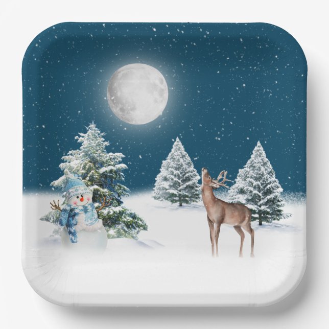 Holiday Snowman and Deer In Snowflakes Paper Plate (Front)