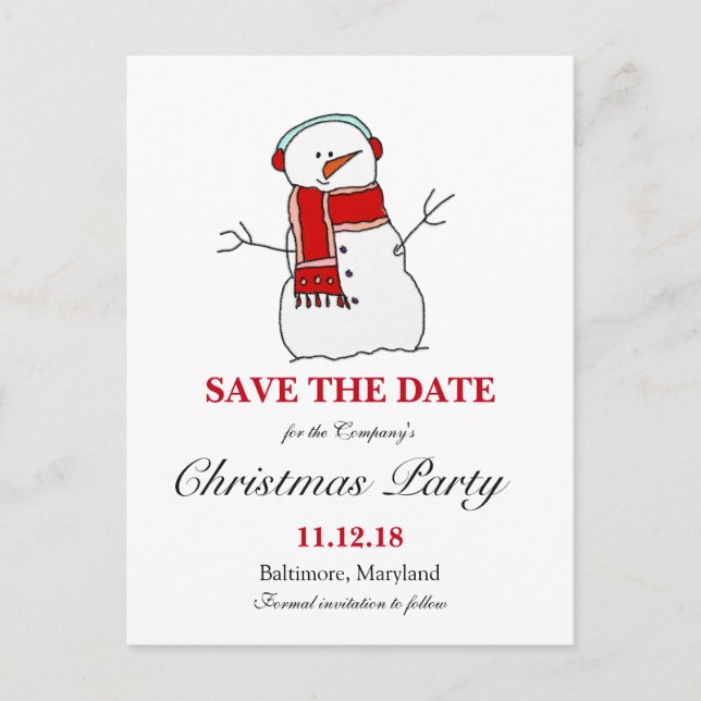Holiday Snowman | Christmas Party Save The Date Announcement Postcard (Front)