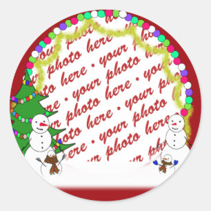 Holiday Snowman Family Photo Frame Classic Round Sticker