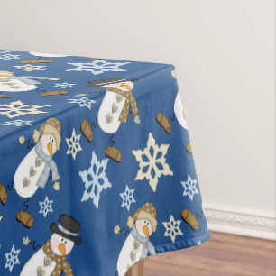 Holiday Snowman Snowflake Blue Tablecloth