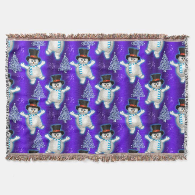 Holiday Snowmen Dancing in the Snow Blue Christmas Throw Blanket (Front)