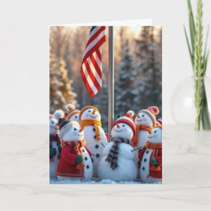 Holiday Snowmen Looking Up at USA Flag Card