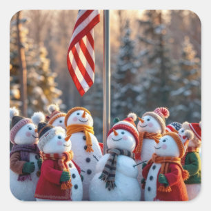 Holiday Snowmen Looking Up at USA Flag Square Sticker