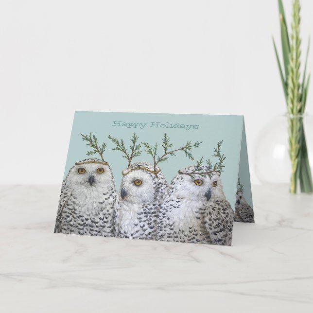Holiday snowy owls on aqua card (Front)