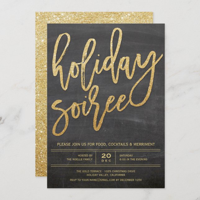 Holiday Soiree Glitter Chalkboard Party Invite (Front/Back)