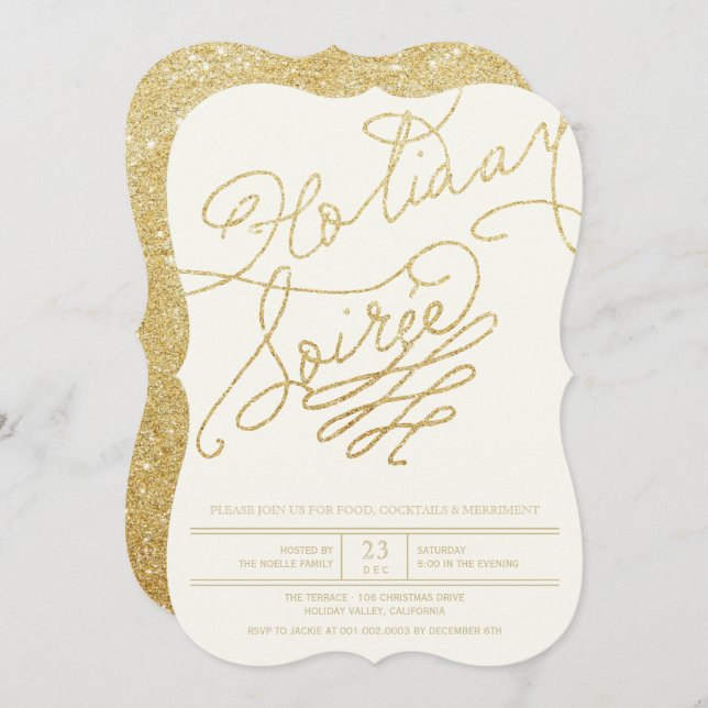 Holiday Soiree Gold Glitter Script Party Invite (Front/Back)