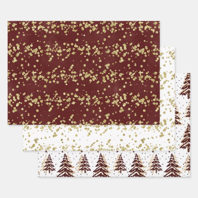 Holiday Sparkle - Elegant Burgundy, Gold, & White Wrapping Paper Sheet (Set)