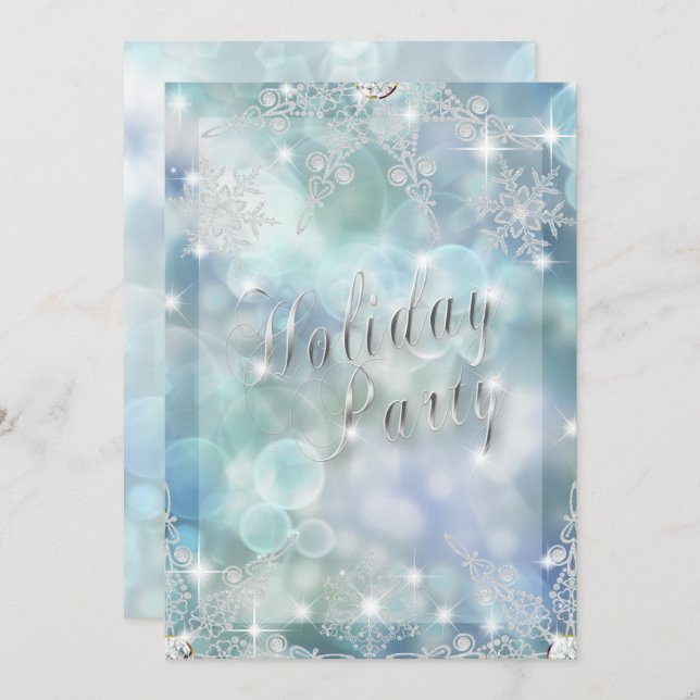 Holiday Sparkling Glitzy Snowflake Ice Blue Bokeh Invitation (Front/Back)