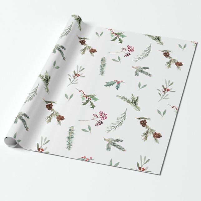 Holiday Spruce & Red Berries Wrapping Paper (Unrolled)
