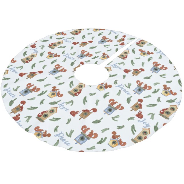 Holiday Squirrels Joy Peace Love Christmas Brushed Polyester Tree Skirt (Angled)