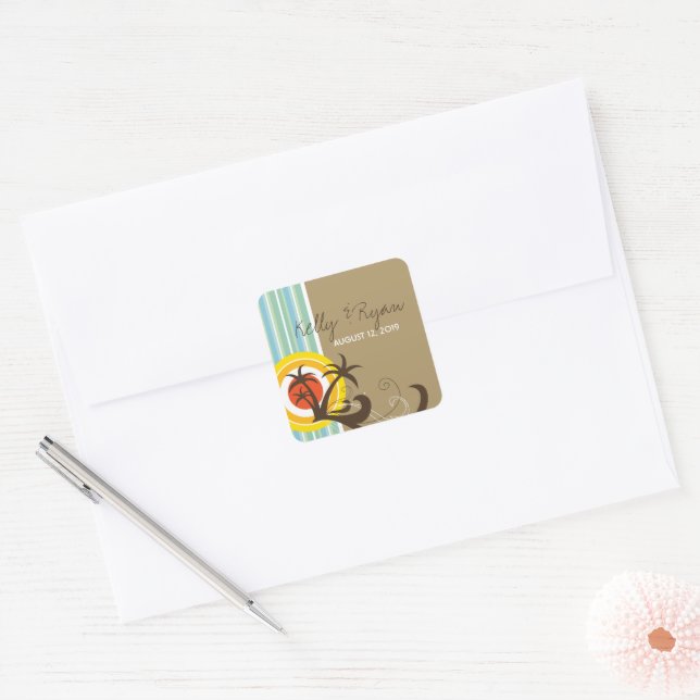 Holiday Sunset Tropical Palm Trees Beach Wedding Square Sticker (Envelope)