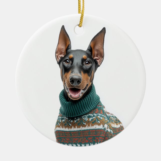 Holiday Sweater Doberman Ceramic Ornament (Front)