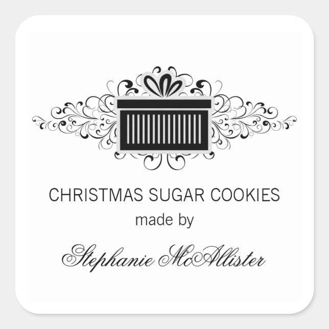 Holiday Swirls Present Baking Stickers, Black Square Sticker (Front)