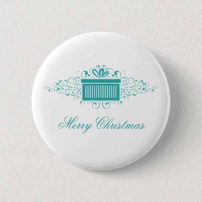 Holiday Swirls Present Button, Aqua 6 Cm Round Badge (Front)
