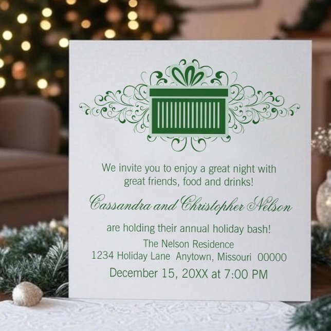 Holiday Swirls Present Christmas Party, Green Invitation (Green Holiday Swirls Present Christmas Party Invitation)