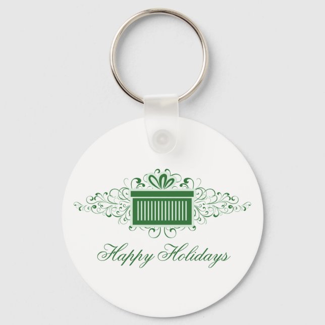 Holiday Swirls Present Keychain, Green Key Ring (Front)