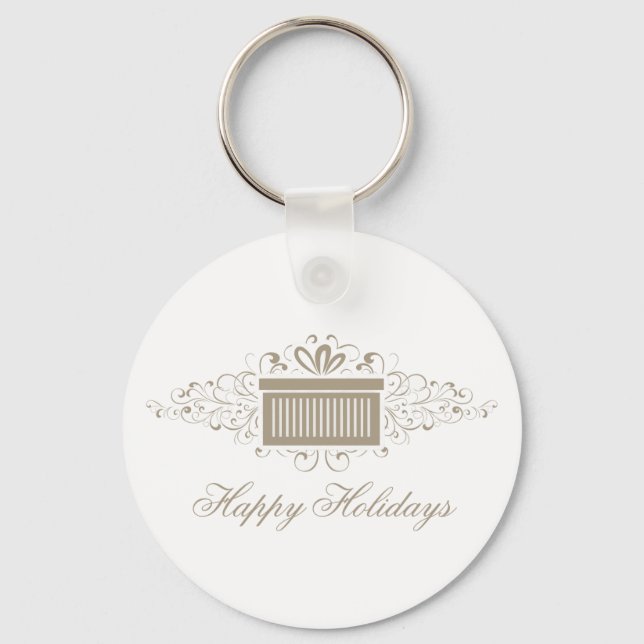 Holiday Swirls Present Keychain, Latte Key Ring (Front)
