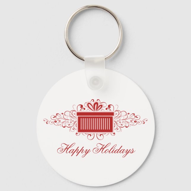 Holiday Swirls Present Keychain, Red Key Ring (Front)