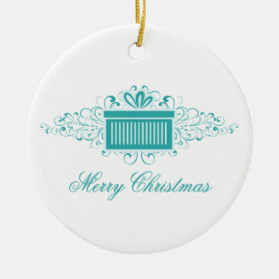Holiday Swirls Present Ornament, Aqua Ceramic Ornament