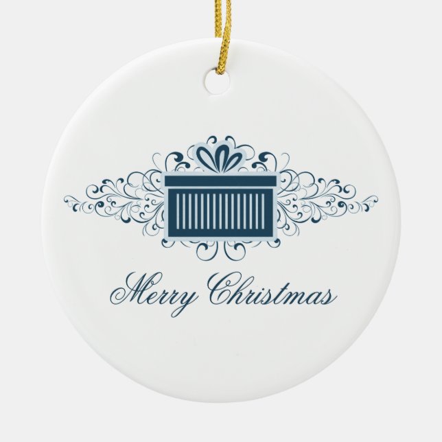 Holiday Swirls Present Ornament, Blue Ceramic Tree Decoration (Front)