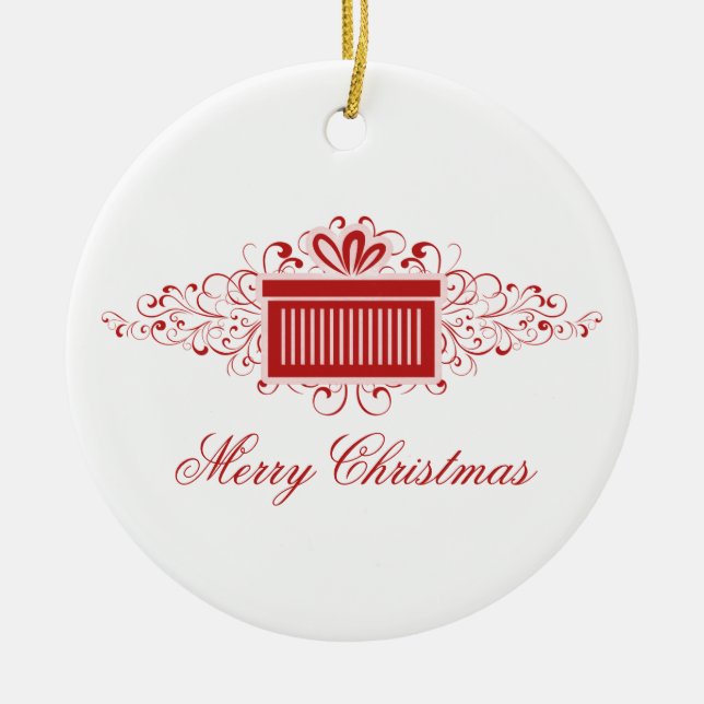 Holiday Swirls Present Ornament, Red Ceramic Ornament (Front)