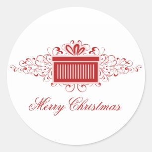 Holiday Swirls Present Stickers, Red Classic Round Sticker