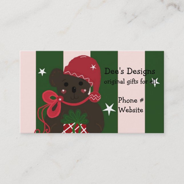 Holiday Teddy Bear on Striped Background Business Card (Front)