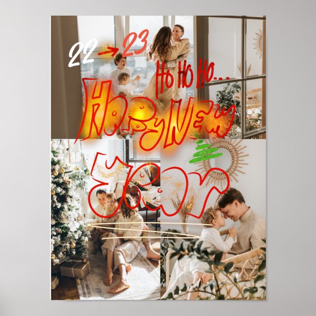 Holiday Three Photos | Modern New Year Tree Glow Poster (Front)
