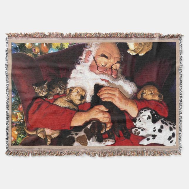 Holiday Throw Blanket (An illustration of Santa Claus, white beard, and glasses, is sitting in a red chair.)