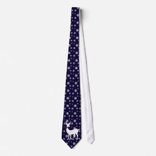 Holiday Tie, White Reindeer on Navy w/ Snowflakes Tie