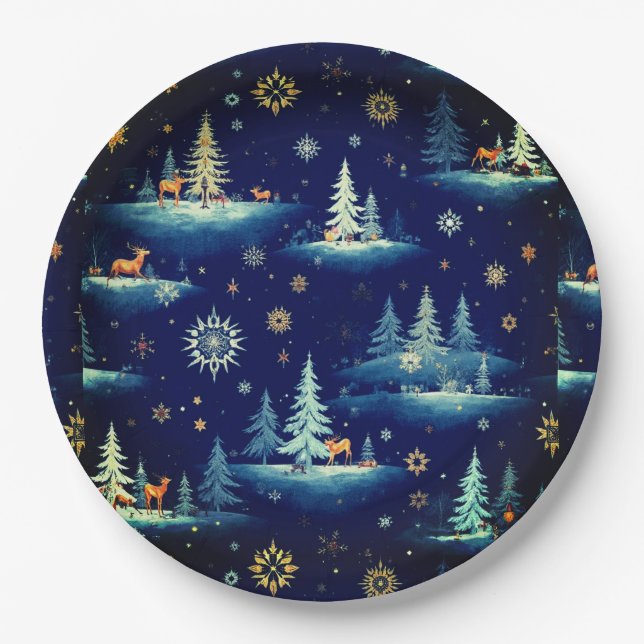 Holiday Toile, Trees Deer and Snowflakes  Paper Plate (Front)