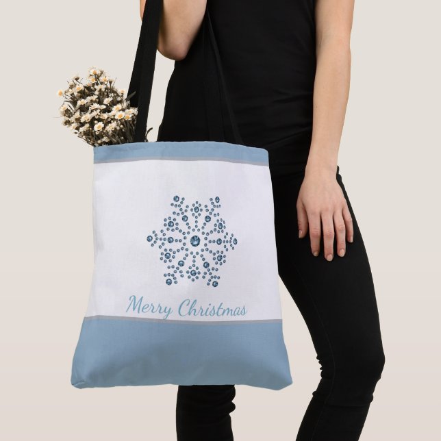 Holiday Tote Bag Blue Snowflake Merry Christmas (Close Up)