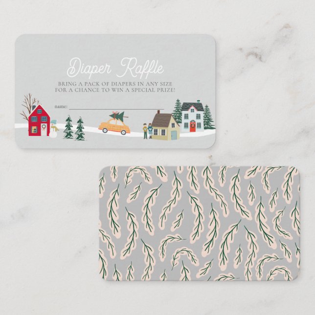 Holiday Town/Village Grey Diaper Raffle Ticket Enclosure Card (Front/Back)