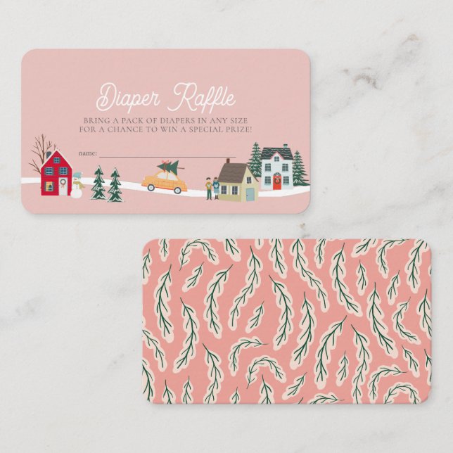Holiday Town/Village Pink Diaper Raffle Ticket Enclosure Card (Front/Back)