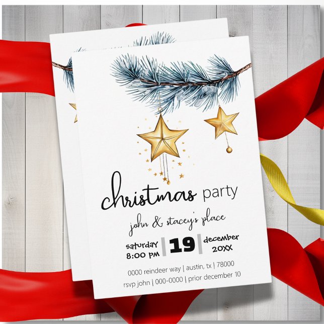 Holiday Tree Branch with Hanging Gold Stars Party Invitation (Modern holiday party Christmas customizable invitation with pine and gold stars)