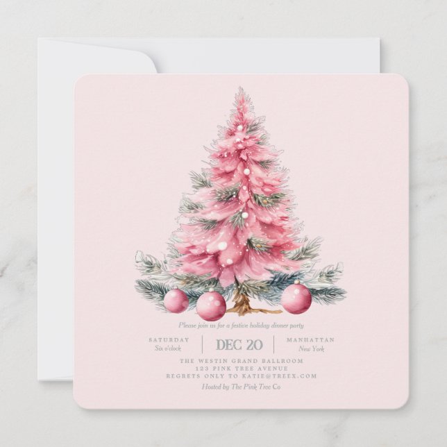 Holiday Tree Pink Holiday Dinner Invitation (Front)