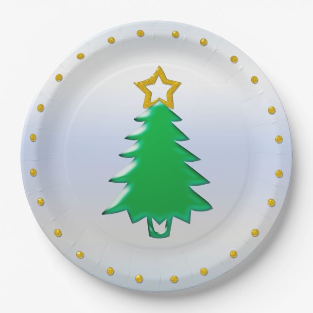Holiday Tree with Gold Star on Silver Background Paper Plate (Front)